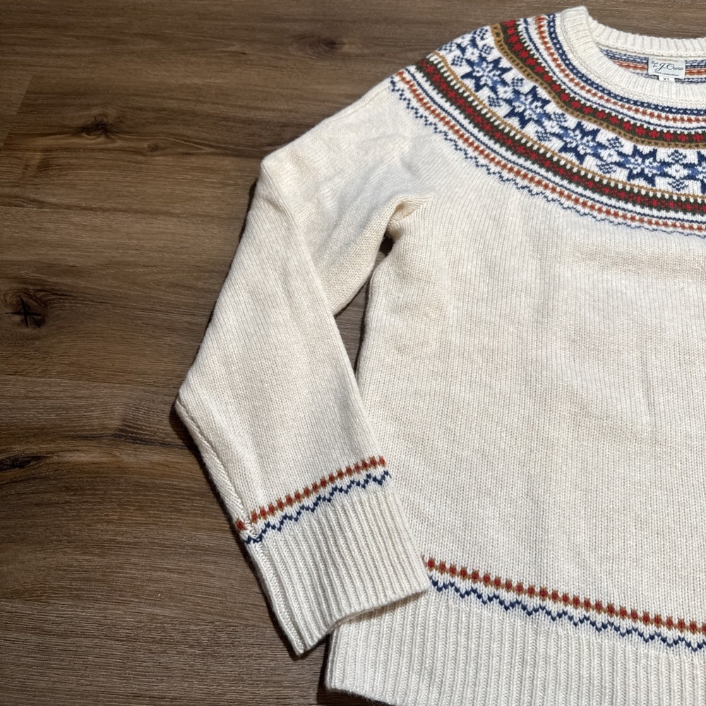 J Crew Sweater Men's XL Beige 100% Lambswool‎ Fair Isle Yoked Crewneck Pullover - Picture 2 of 13